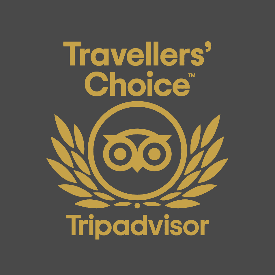 Gold on grey Queenstown Wine Trail Travellers’ Choice award badge, highlighting recognition for outstanding Central Otago wine tours in New Zealand, reinforcing the quality and reputation of bespoke wine and food experiences.
