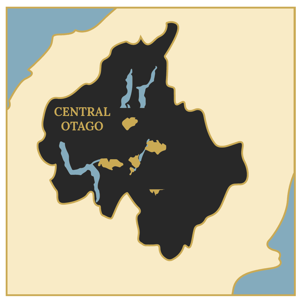 Central Otago map showing Queenstown Wine Trail tour regions including Gibbston, Bannockburn, Cromwell, Bendigo, Wanaka, and Alexandra. Subregions highlighted in gold with lakes in blue, illustrating the areas visited on bespoke wine and food tours in New Zealand.